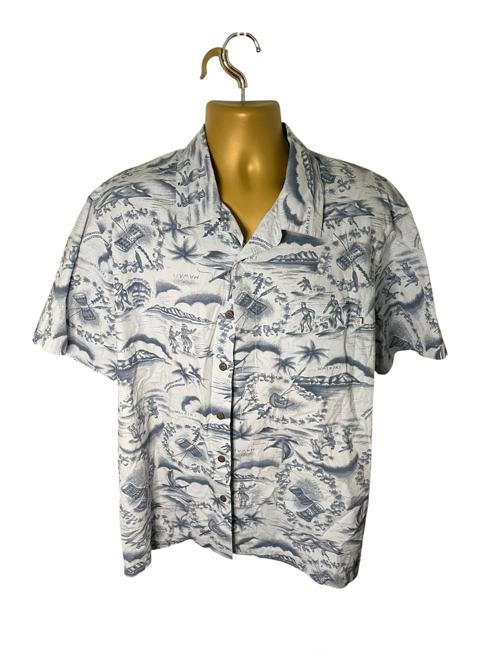 Vintage Y2K Solitude Hawaiian Camp Shirt Waikiki Tropical Print Button Up Blue L